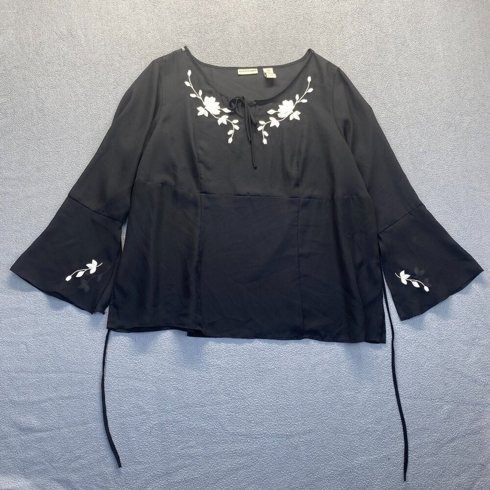 Women's Black APOSTROPHE Shirt  With Flowers  Embroidery Size 22W,Bell Sleeve